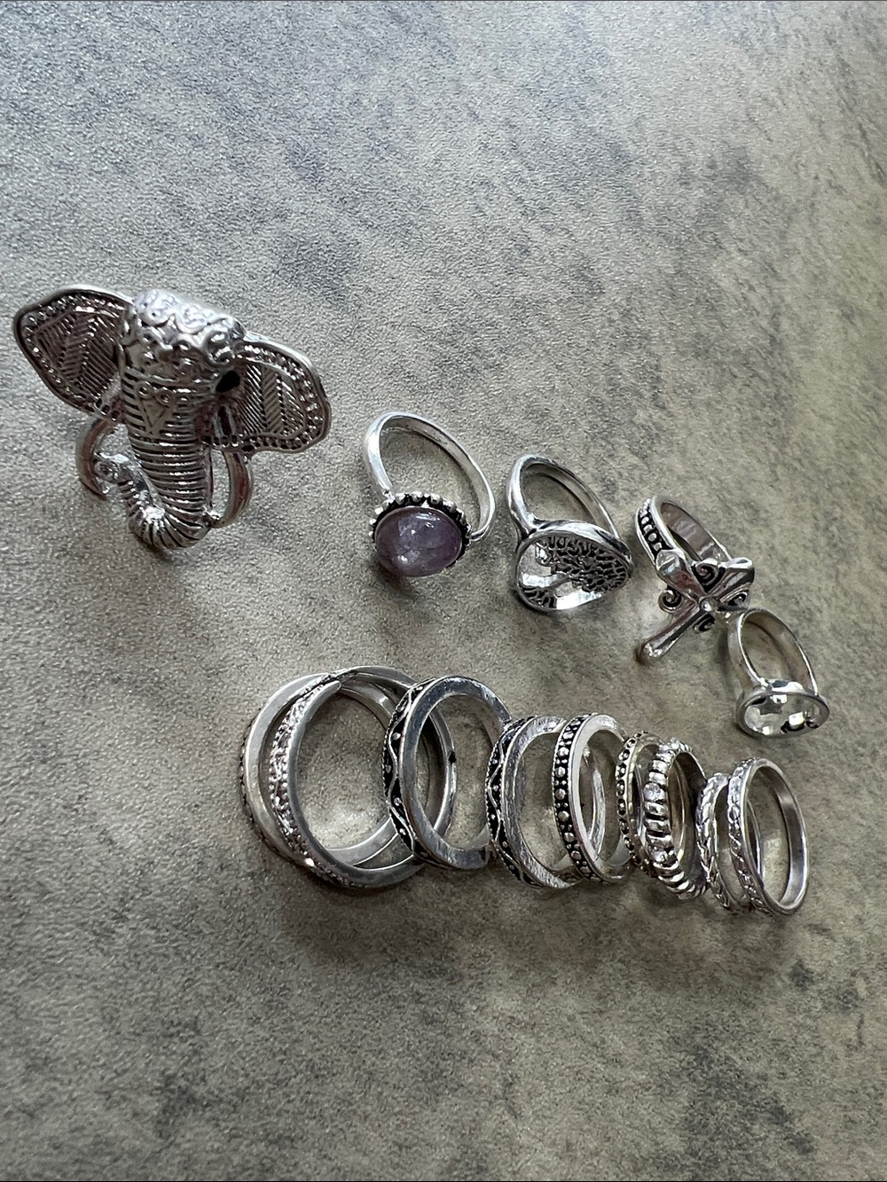 Silver covered Elephant & Stackable Silver coverd Rings Set with Amethyst Accent